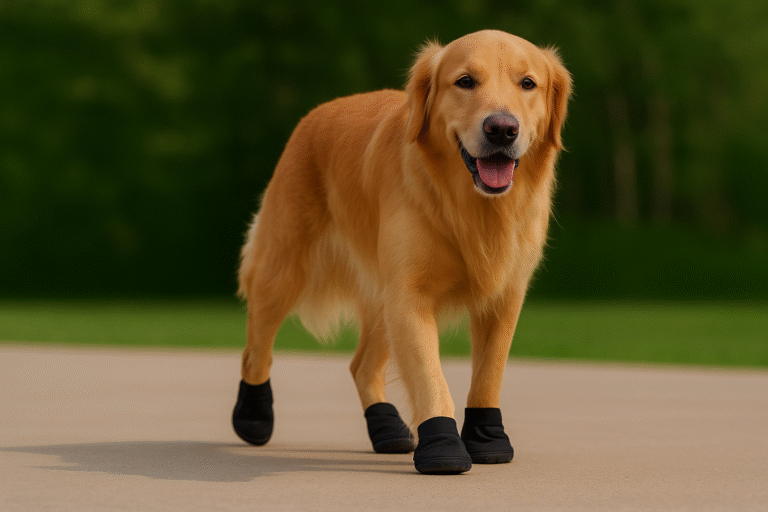 Golden Retriever die op een verharde wandelweg loopt met zwarte hondenschoenen aan alle poten, omringd door een groene, wazige achtergrond van gras en bomen.